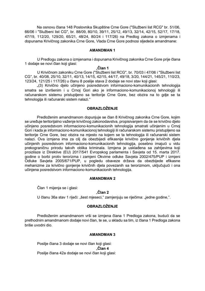 Predlog amandmana na Predlog zakona o izmjenama i dopunama Krivičnog zakonika Crne Gore