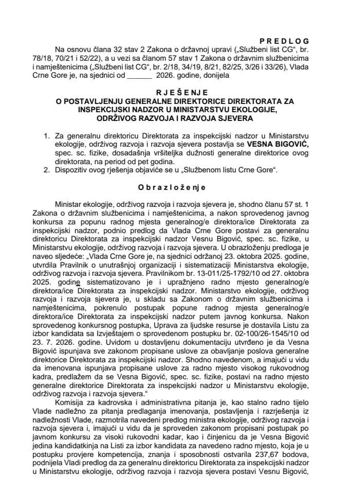 Predlog za postavljenje generalne direktorice Direktorata za inspekcijski nadzor u Ministarstvu ekologije, održivog razvoja i razvoja sjevera