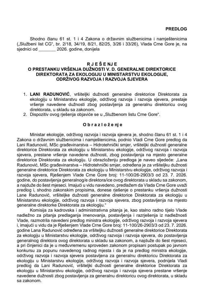 Predlog za prestanak vršenja dužnosti v. d. generalne direktorice Direktorata za ekologiju u Ministarstvu ekologije, održivog razvoja i razvoja sjevera