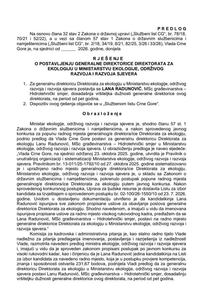 Predlog za postavljenje generalne direktorice Direktorata za ekologiju u Ministarstvu ekologije, održivog razvoja i razvoja sjevera