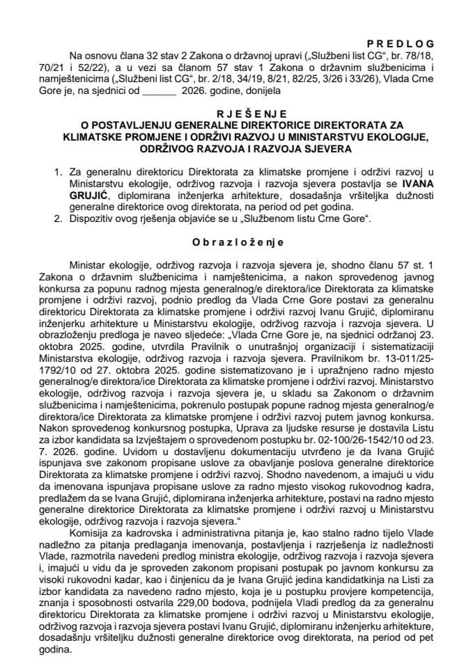 Predlog za postavljenje generalne direktorice Direktorata za klimatske promjene i održivi razvoj u Ministarstvu ekologije, održivog razvoja i razvoja sjevera