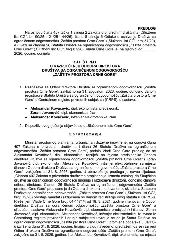 Predlog za razrješenje Odbora direktora Društva sa ograničenom odgovornošću “Zaštita prostora Crne Gore”