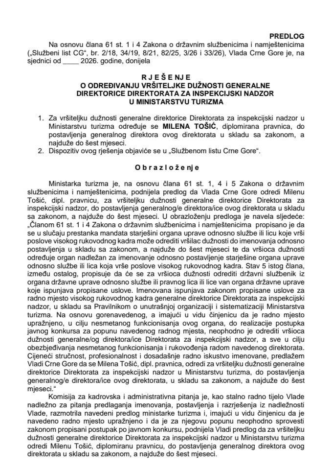 Predlog za određivanje vršiteljke dužnosti generalne direktorice Direktorata za inspekcijski nadzor u Ministarstvu turizma