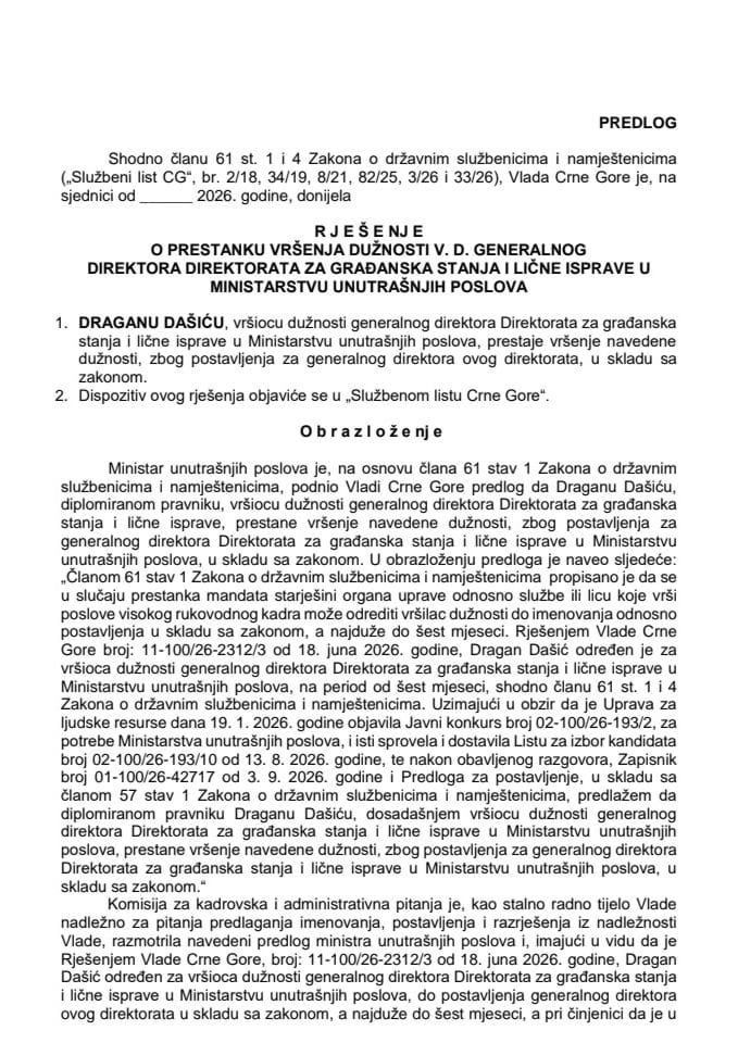 Predlog za prestanak vršenja dužnosti v. d. generalnog direktora Direktorata za građanska stanja i lične isprave u Ministarstvu unutrašnjih poslova