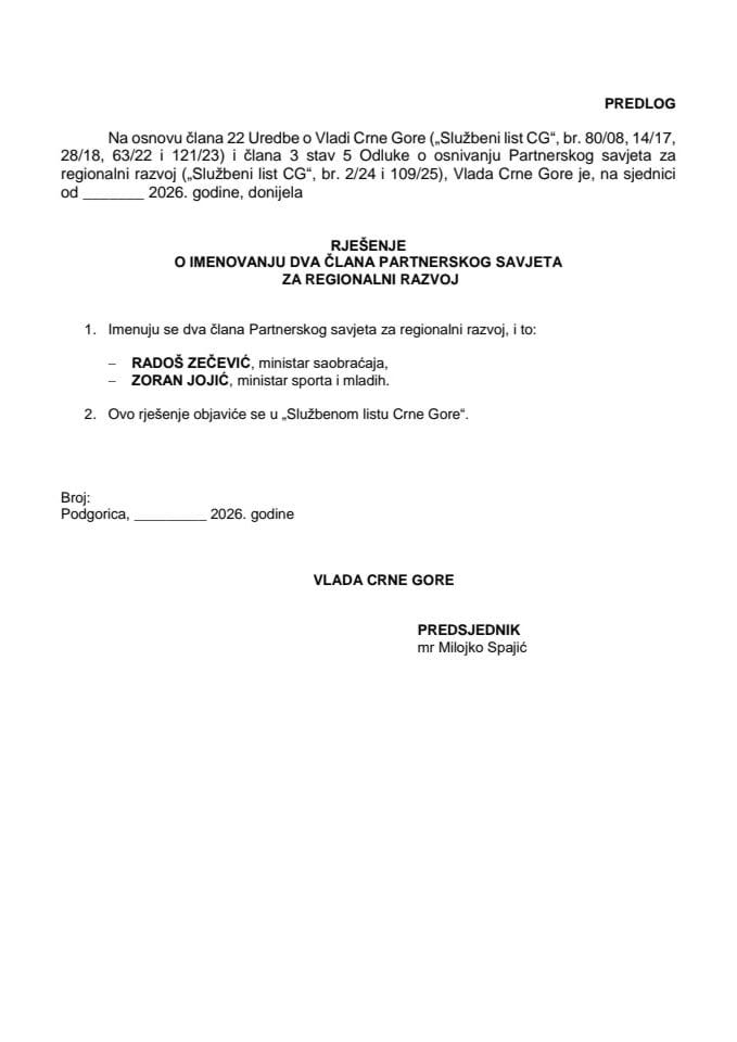 Predlog za imenovanje dva člana Partnerskog savjeta za regionalni razvoj