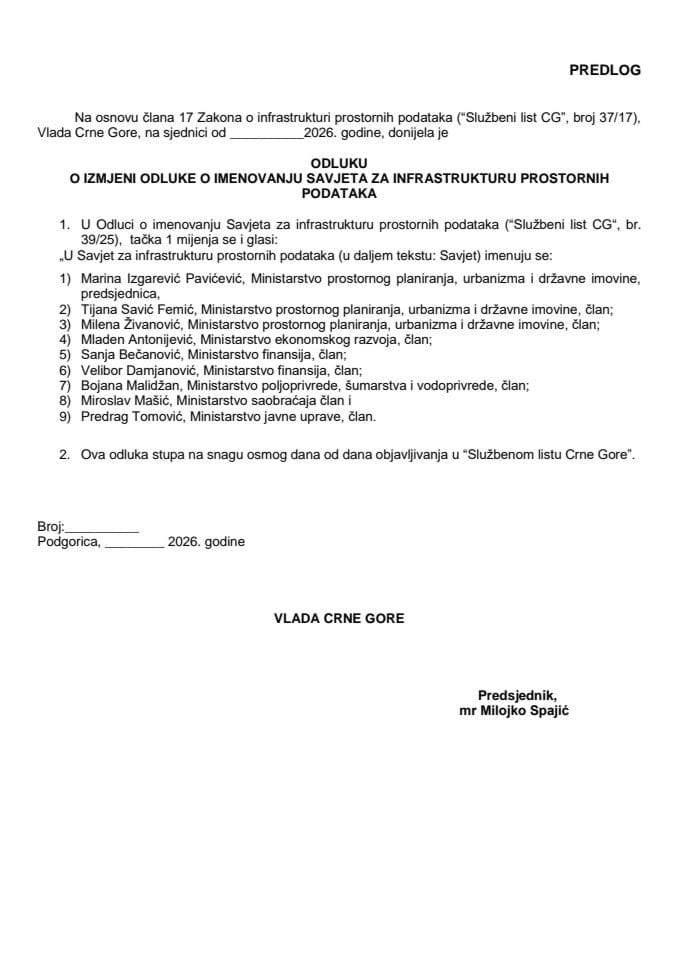 Predlog odluke o izmjeni Odluke o imenovanju Savjeta za infrastrukturu prostornih podataka