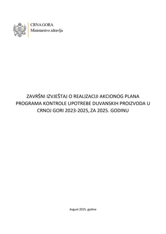 Završni izvještaj o realizaciji Akcionog plana Programa kontrole upotrebe duvanskih proizvoda u Crnoj Gori 2023-2025, za 2025. godinu