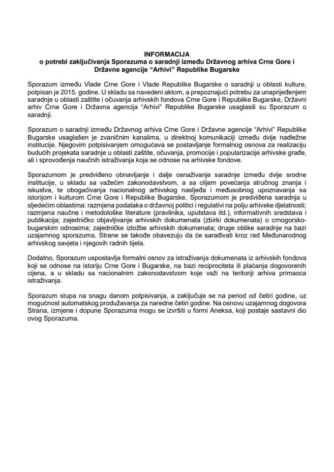Informacija o potrebi zaključivanja Sporazuma o saradnji između Državnog arhiva Crne Gore i Državne agencije „Arhivi“ Republike Bugarske s Predlogom sporazuma