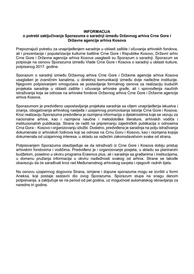 Informacija o potrebi zaključivanja Sporazuma o saradnji između Državnog arhiva Crne Gore i Državne agencije arhiva Kosova s Predlogom sporazuma