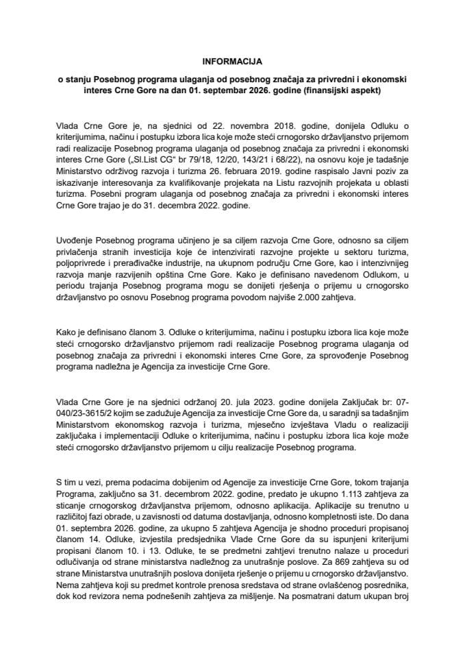 Informacija o stanju Posebnog programa ulaganja od posebnog značaja za privredni i ekonomski interes Crne Gore na dan 01. septembar 2026. godine (finansijski aspekt)