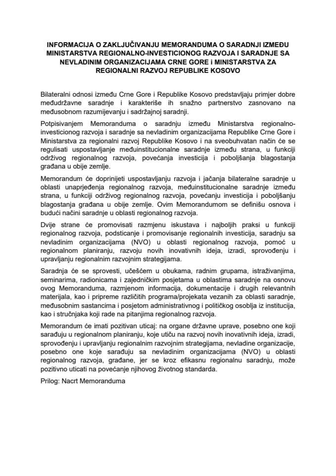 Informacija o zaključivanju Memoranduma o saradnji između Ministarstva regionalno-investicionog razvoja i saradnje sa nevladinim organizacijama Crne Gore i Ministarstva za regionalni razvoj Republike Kosovo s Predlogom memoranduma