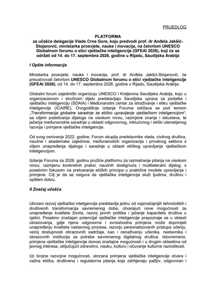 Predlog platforme za učešće delegacije Vlade Crne Gore, koju predvodi prof. dr Anđela Jakšić-Stojanović, ministarka prosvjete, nauke i inovacija, na četvrtom UNESCO Globalnom forumu o etici vještačke inteligencije (GFEAI 2026)