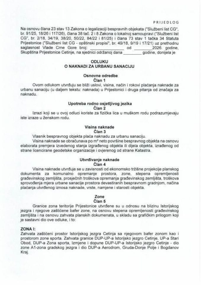 Predlog odluke o naknadi za urbanu sanaciju Prijestonice Cetinje