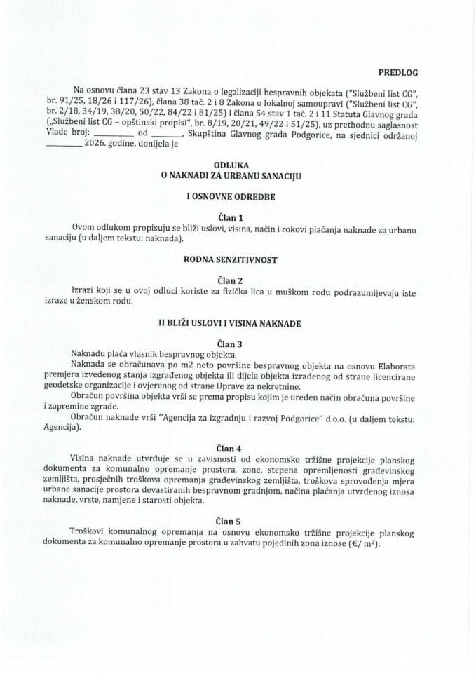 Predlog odluke o naknadi za urbanu sanaciju Glavnog grada Podgorica