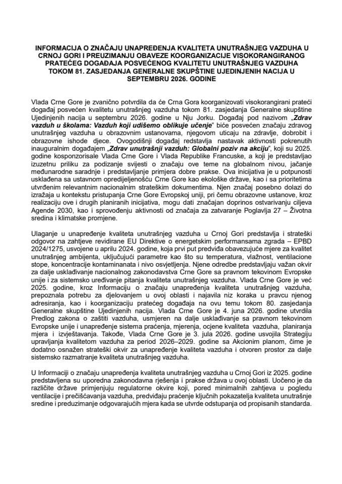 Informacija o značaju unapređenja kvaliteta unutrašnjeg vazduha u Crnoj Gori i preuzimanju obaveze koorganizacije visokorangiranog pratećeg događaja posvećenog kvalitetu unutrašnjeg vazduha tokom 81. zasjedanja Generalne skupštine Ujedinjenih nacija