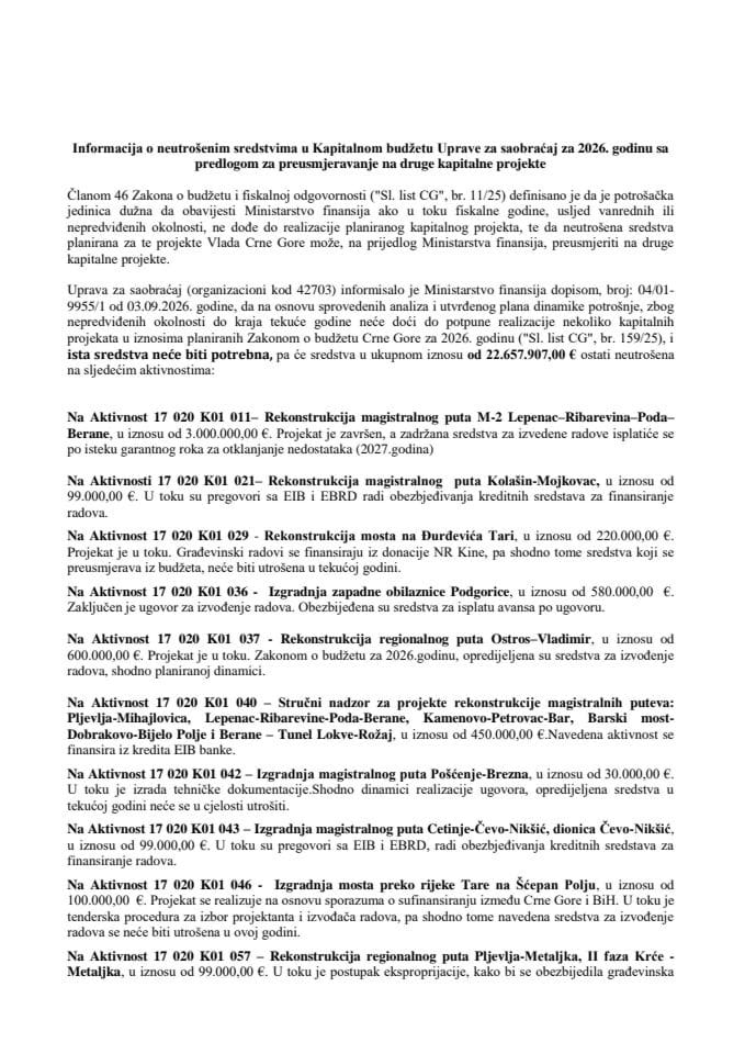Informacija o neutrošenim sredstvima u Kapitalnom budžetu Uprave za saobraćaj za 2026. godinu sa predlogom za preusmjeravanje na druge kapitalne projekte