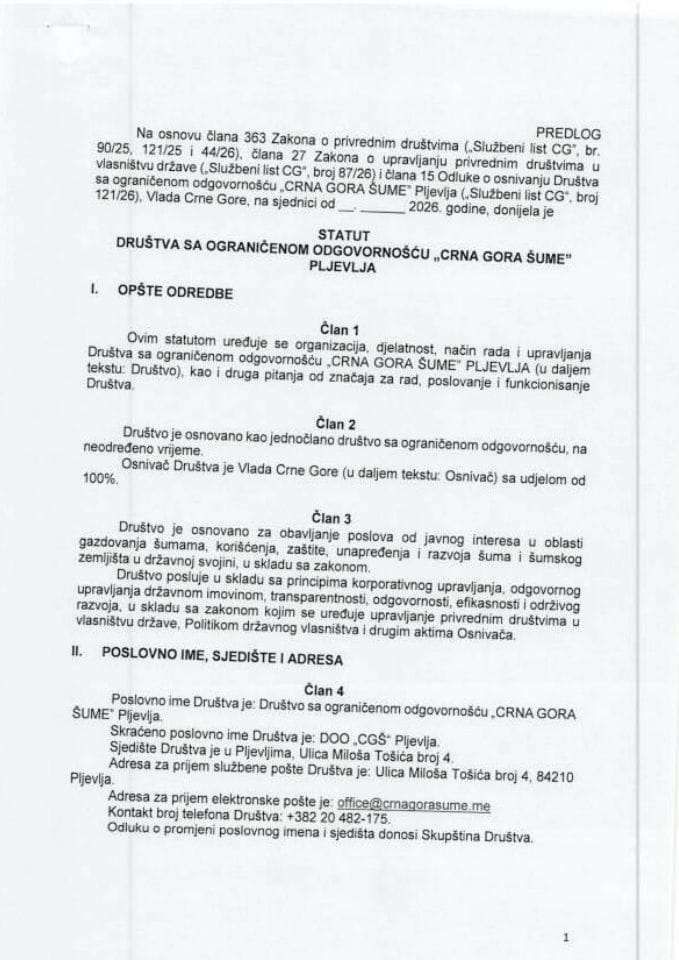 Predlog statuta društva sa ograničenom odgovornošću „CRNA GORA ŠUME„ Pljevlja