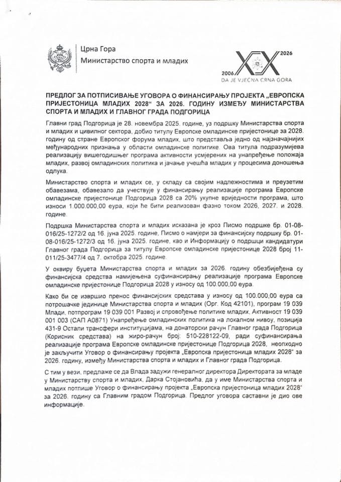 Predlog za potpisivanje Ugovora o finansiranju projekta „Evropska prijestonica mladih 2028“ za 2026. godinu između Ministarstva sporta i mladih i Glavnog grada Podgorica