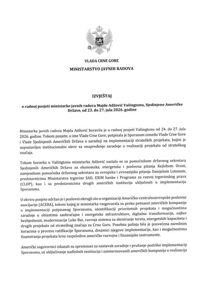 Izvještaj o radnoj posjeti ministarke javnih radova Majde Adžović Vašingtonu, Sjedinjene Američke Države, od 23. do 27. jula 2026. godine