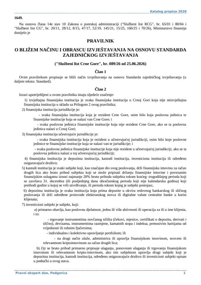 Правилник о ближем начину и обрасцу извјештавања на основу Стандарда заједничког извјештавања