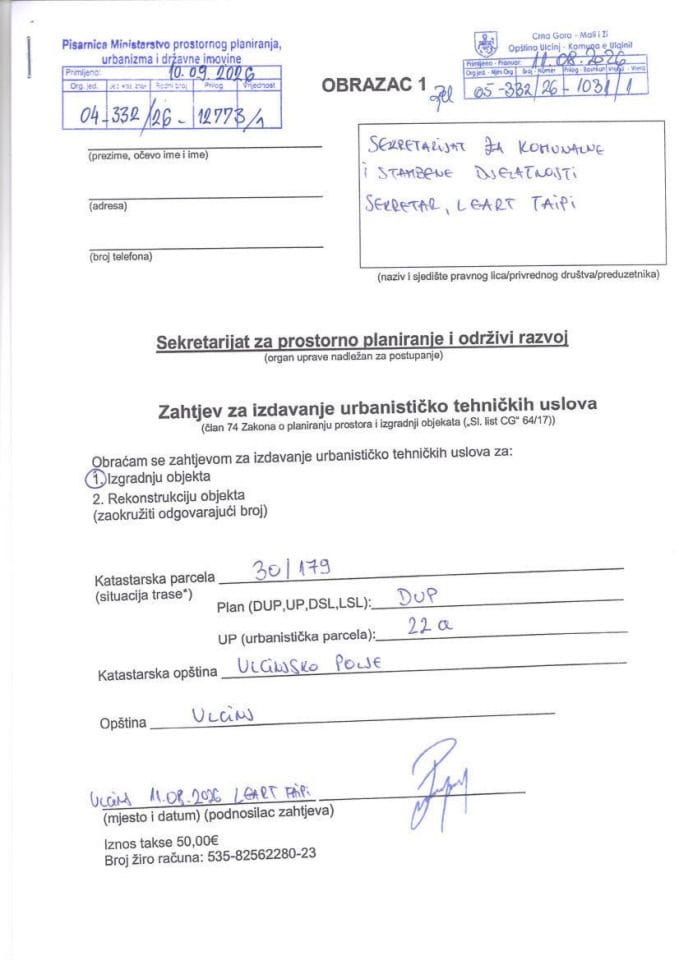 Zahtjevi za izdavanje urbanističko tehničkih uslova - 04-332-23-12773-1 Opština Ulcinj - Sekretarijat za komunalno stambene poslove