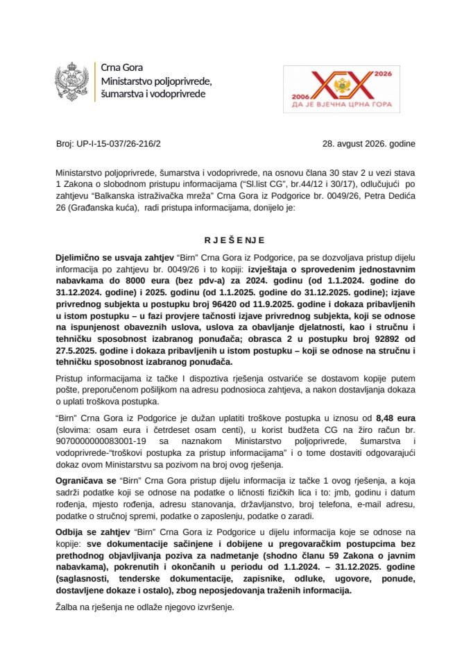 Rješenje Birn djelimično usvojen UP-I-15-037-26-216-2
