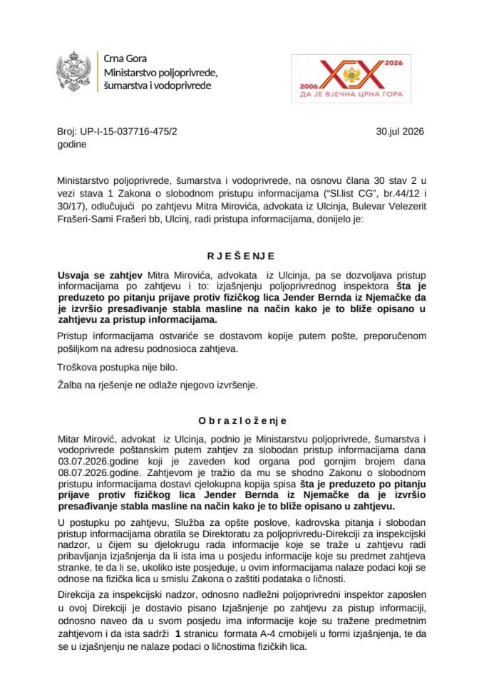 Rjesenje usvojen zahtjev Mitar Mirović UP-I-15-037-26-475-2