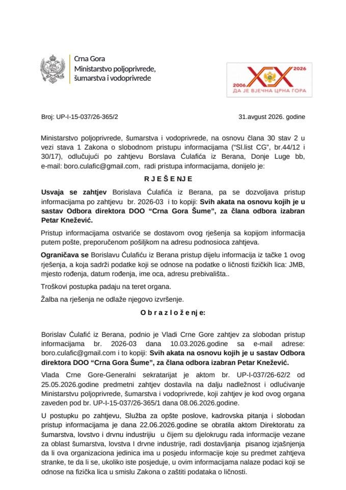 Rješenje Borislav Ćulafić usvojen UP-I-12-037-26-365-2