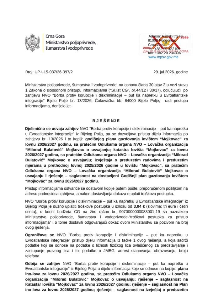 Rješenje NVO Borba protiv korupcije i diskriminacije put ka napretku u Evroatlantske integracije iz Bijelog Polja usvojen UP-I-15-037-26-397-2