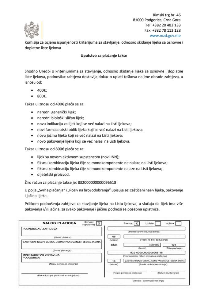 Uputstvo za plaćanje takse