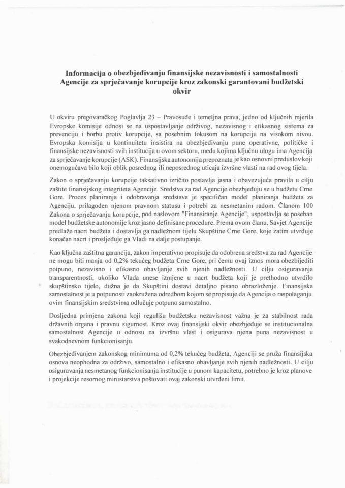 Informacija o obezbjeđivanju finansijske nezavisnosti i samostalnosti Agencije za sprječavanje korupcije kroz zakonski garantovani budžetski okvir