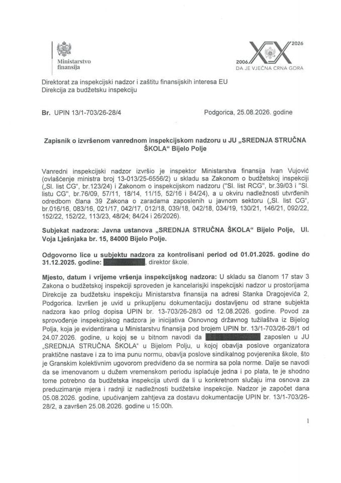 Zapisnik o sprovedenom vanrednom inspekcijskom nadzoru u JU SREDNJA STRUČNA ŠKOLA Bijelo Polje