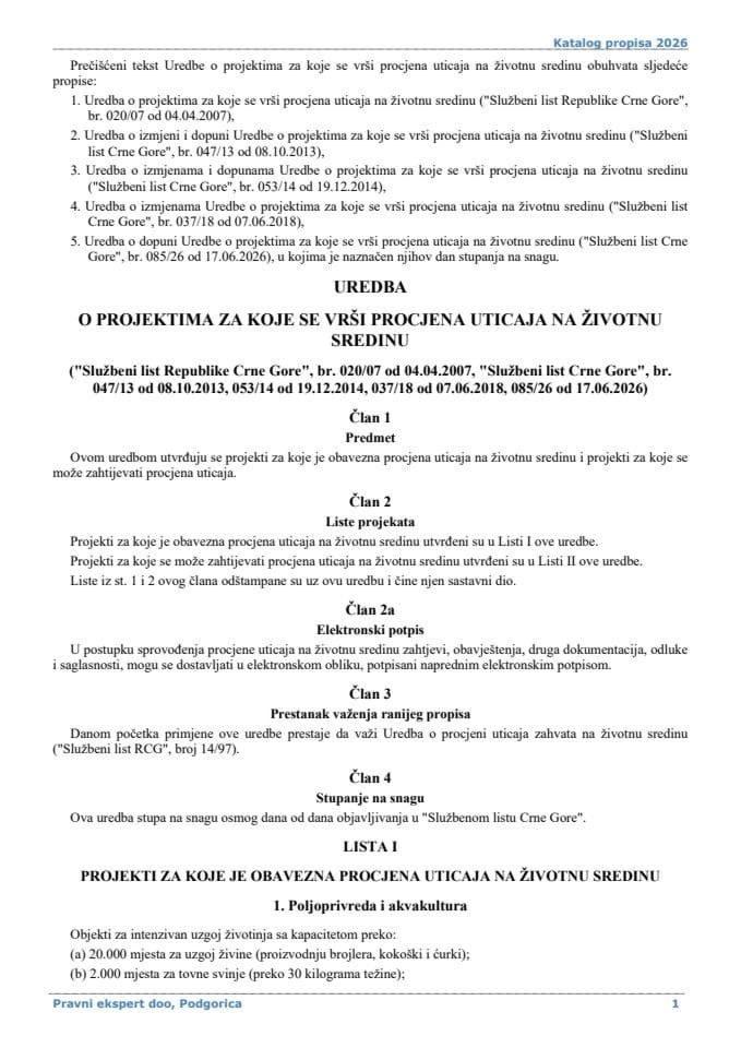 Uredba o projektima za koje se vrši procjena uticaja na životnu sredinu