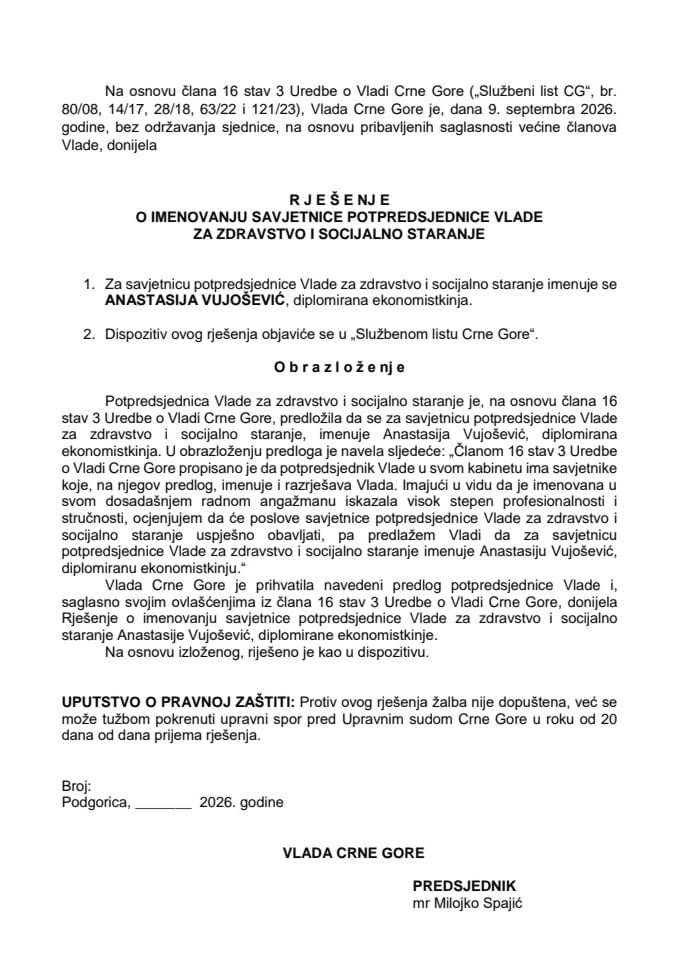 Predlog za imenovanje savjetnice potpredsjednice Vlade za zdravstvo i socijalno staranje
