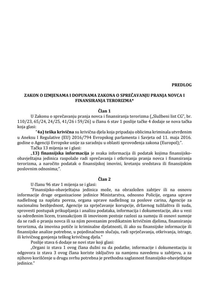 Предлог закона о измјенама и допунама Закона о спречавању прања новца и финансирања тероризма*