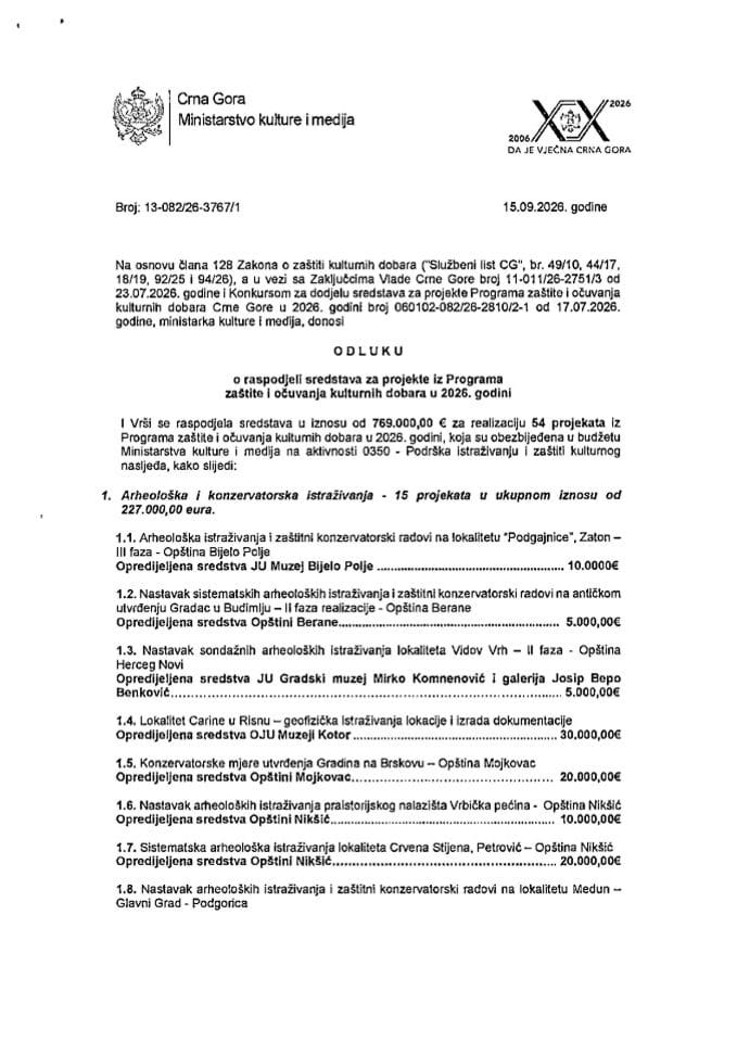 Odluka o raspodjeli sredstava za projekte iz Programa zaštite i očuvanja kulturnih dobara u 2026. godini