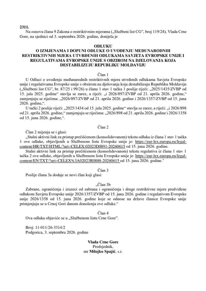 Odluka o izmjenama i dopuni Odluke o uvođenju međunarodnih restriktivnih mjera s obzirom na djelovanja koja destabilizuju Republiku Moldaviju
