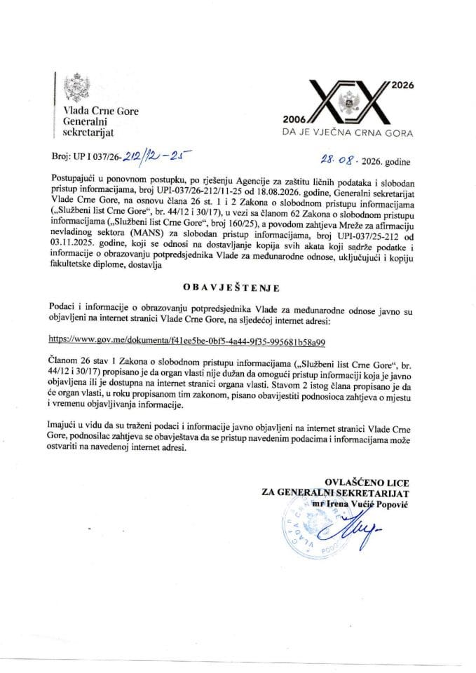 Informacija kojoj je pristup odobren po zahtjevu NVO Mreža za afirmaciju nevladinog sektora (MANS) od 03.11.2025.