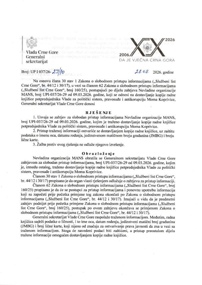 Informacija kojoj je pristup odobren po zahtjevu NVO Mreža za afirmaciju nevladinog sektora (MANS) od 09.03.2026. godine