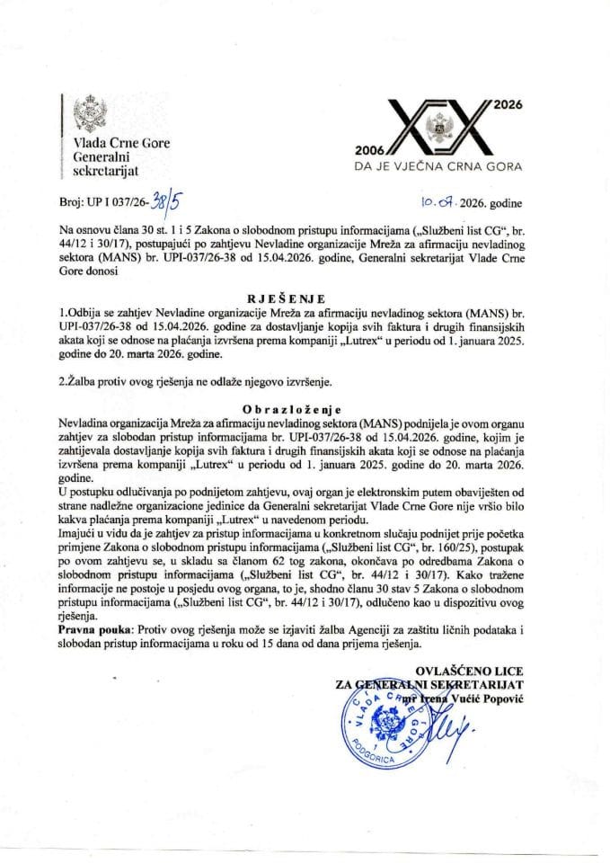 Rješenje kojim se odbija zahtjev NVO Mreža za afirmaciju nevladinog sektora (MANS) za pristup informacijama od 15.04.2026. godine