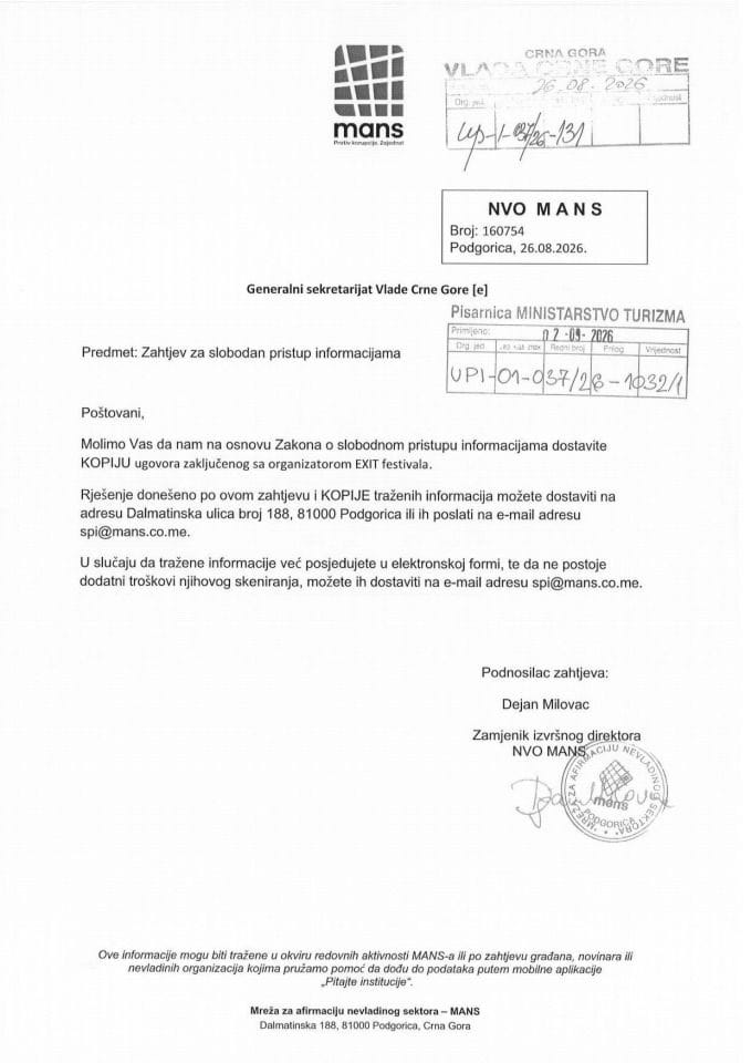 Informacije kojima je pristup odobren po osnovu zahtjeva br UPI 03-037-26-1032-1 – MANS od 02.09.2026. godine