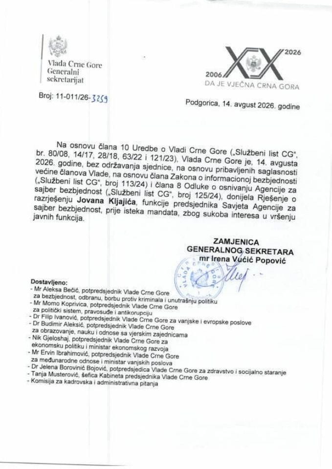 Predlog za razrješenje predsjednika Savjeta Agencije za sajber bezbjednost - zaključci