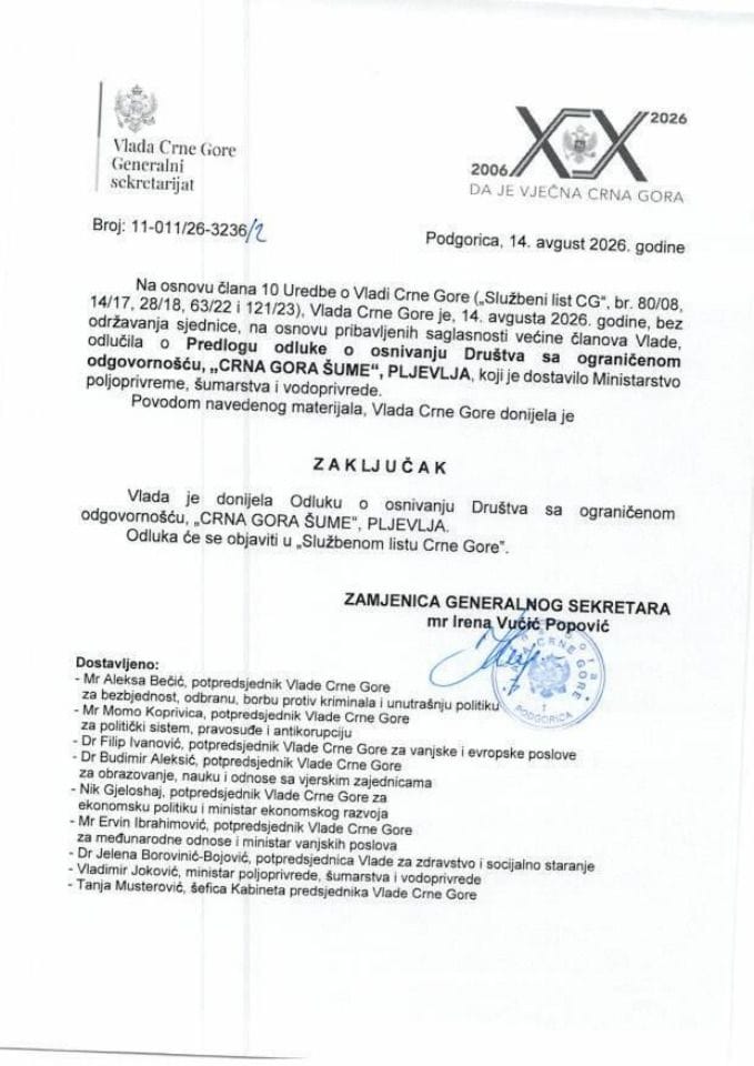 Predlog odluke o osnivanju Druṣ̌tva sa ograničenom odgovornoṣ̌ću "Crna Gora Ṣ̌ume" Pljevlja - zaključci