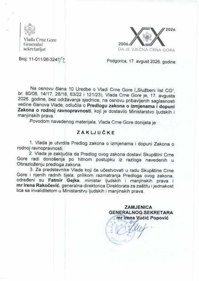 Predlog zakona o izmjenama i dopunama Zakona o rodnoj ravnopravnosti - zaključci