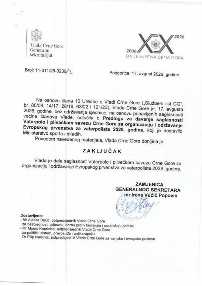 Predlog za davanje saglasnosti Vaterpolo i plivačkom savezu Crne Gore za organizaciju i održavanje Evropskog prvenstva za vaterpoliste 2028. godine - zaključci