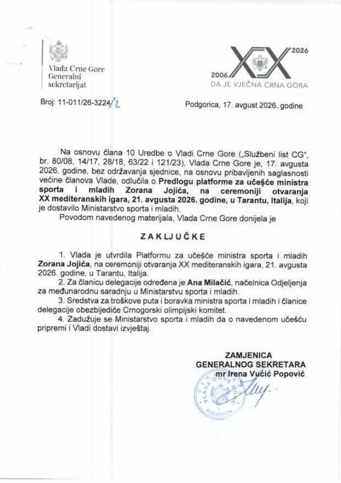 Predlog platforme za učešće ministra sporta i mladih Zorana Jojića, na ceremoniji otvaranja XX mediteranskih igara, 21. avgusta 2026. godine, u Tarantu, Italija - zaključci