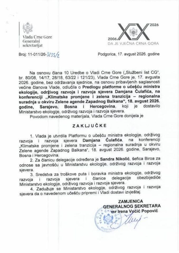 Predlog platforme o učešću ministra Damjana Ćulafića, na konferenciji "Klimatske promjene i zelena tranzicija - regionalna suradnja u okviru Zelene agende Zapadnog Balkana", 18. avgust 2026. godine, Sarajevo, BiH - zaključci