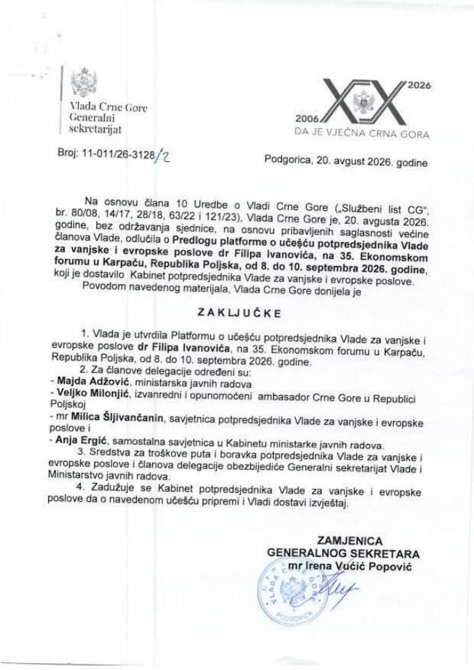 Предлог платформе о учешћу потпредсједника Владе за вањске и европске послове др Филипа Ивановића, на 35. Економском форуму у Капрачу, Република Пољска, од 8. до 10. септембра 2026. године - закључак
