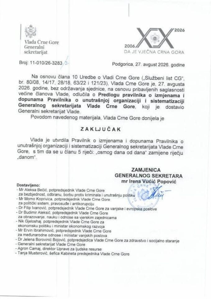 Predlog pravilnika o izmjenama i dopunama Pravilnika o unutrašnjoj organizaciji i sistematizaciji Generalnog sekretarijata Vlade Crne Gore - zaključci