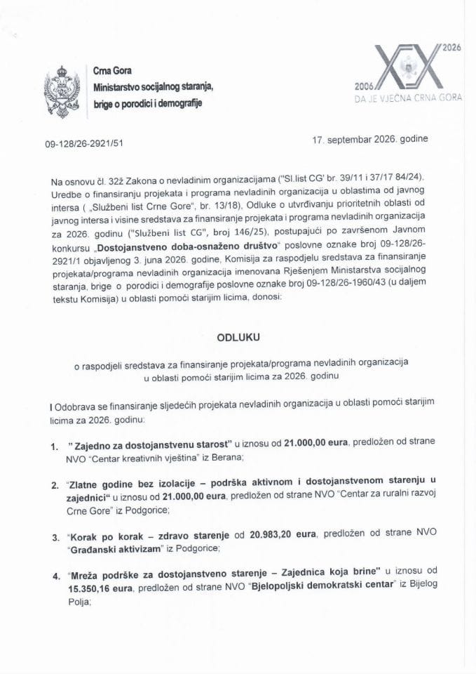 Odluka o raspodjeli sredstava NVO za realizaciju projekata u oblasti pomoći starijim licima za 2026.